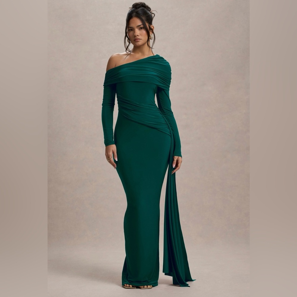 Valina | Green Ruched Asymmetric Maxi Dress with Drape